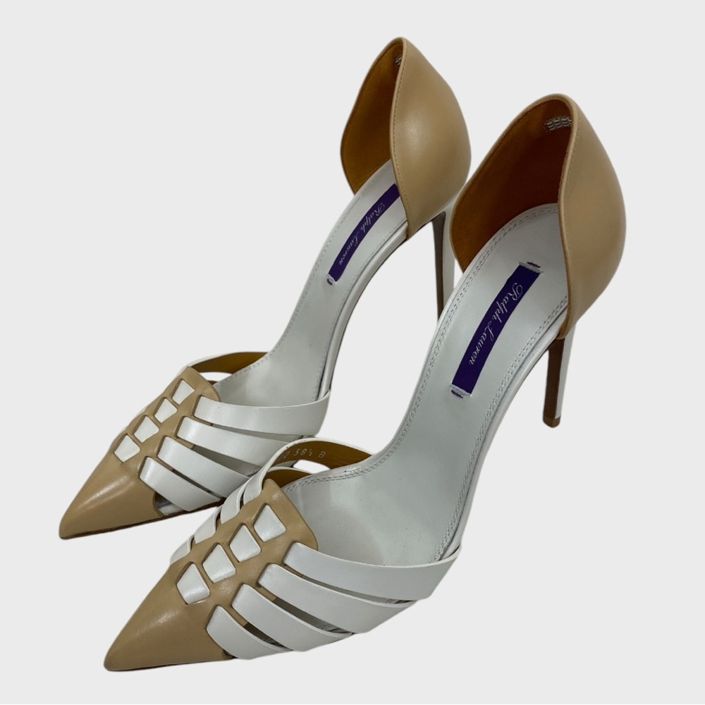 Ralph Lauren Purple Label Tan + White Woven Leather Pumps Size 38 1/2